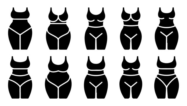 A collection of black silhouette icons depicting various female body shapes
