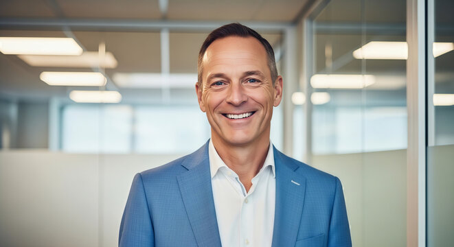A man in a blue suit jacket smiling at the camera