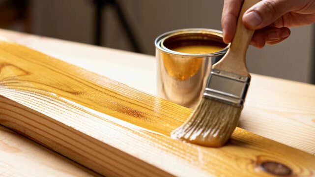 A person applies a clear protective varnish coating to a wooden plank using a professional brush.