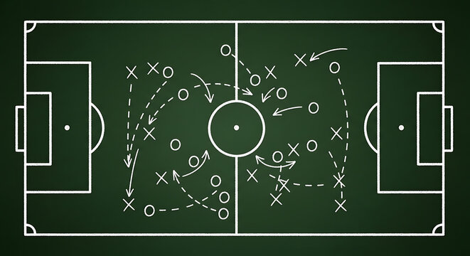 Chalkboard soccer playbook with strategy lines and player positions, illustrating game tactics, game plan, x and o