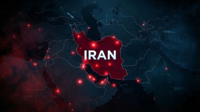 Map of Iran with glowing red city lights