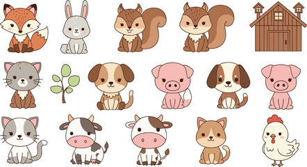 Fototapeta premium Cute Farm Animal Vector Set Featuring Fox, Rabbit, Squirrel, Pig, Cow, and Chicken for Children's Illustrations