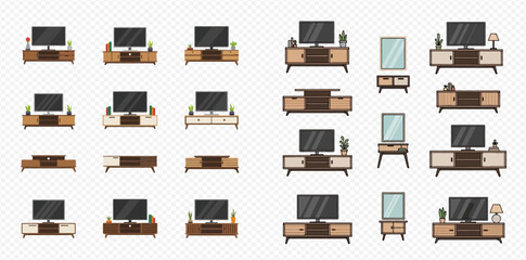 Set of modern TV stands and cabinets with televisions and decorative elements, isolated on a transparent background. © ArtLuna Studio
