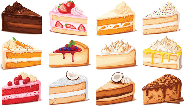 Delicious Cake Slice Vector Set Featuring Chocolate, Strawberry, Coconut, Lemon, and Berry Flavors for Dessert Designs