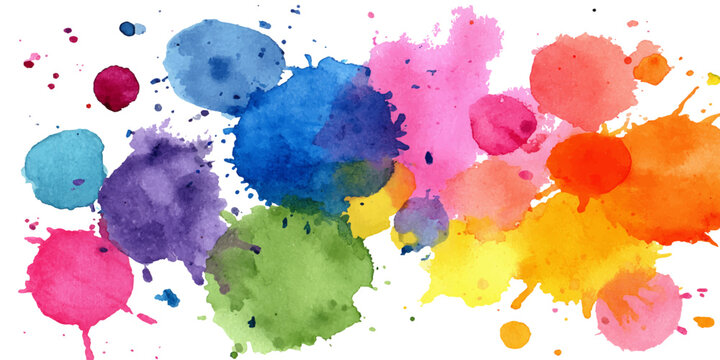 A vibrant collection of colorful watercolor paint splashes, exuding creativity, imagination, and artistic expression. 