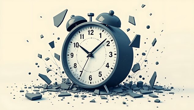 Illustration of a cracked clock melting or breaking apart, symbolizing lost time and deadlines, modern conceptual style, minimal background