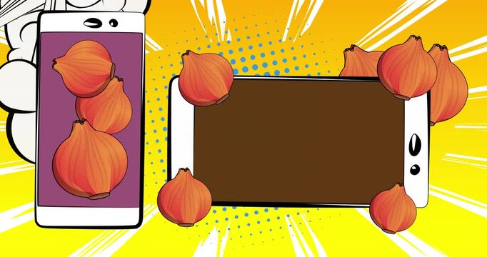Cartoon Smartphone, comic book Telephone with Onion. Retro animation, comics pop art video.