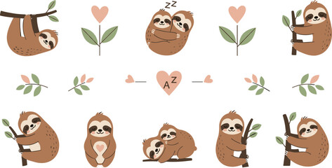 Fototapeta premium Collection of cute sloth characters in various peaceful poses with hearts and leaves