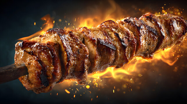 Grilled shish kebab skewer with marinated meat, vegetables and herbs over open flame, smoky barbecue close-up