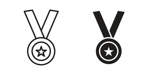 Sports medal icon, line pictogram on white. © basit