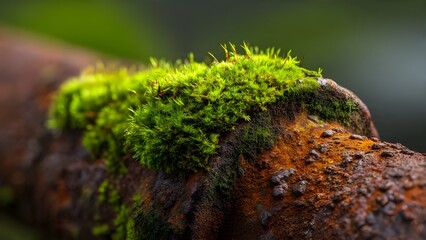 Fototapeta premium Macro View of Vibrant Green Moss Growing on an Old Rusty Metal Pipe Outdoors