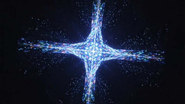 Abstract shimmering light art displaying a cosmic cross pattern against dark background, spiritual animation