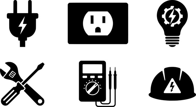 Electrician tool icons set with lightning symbols, plug, socket, wrenches, screwdrivers, multimeters, hard hat and light bulb for electrical work
