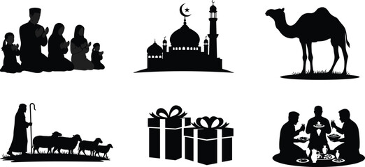 Fototapeta premium Islamic culture icons, Eid celebration, mosque silhouette, family prayer, camel sacrifice, sheep farming, gift giving, communal meal, religious tradition, festival illustration