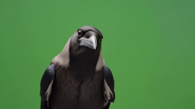 Close-up shot of a crow with black and grey feathers, showing sharp eye and beak detail against a solid green background