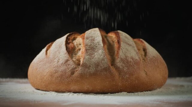 Freshly baked round loaf bread on flour surface with flour f