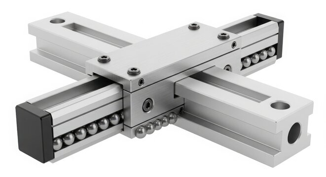 Precision linear motion guide rail system with recirculating ball bearings isolated on white background