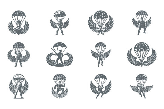 parachute icons with wings, skydiving logos, winged parachuters
