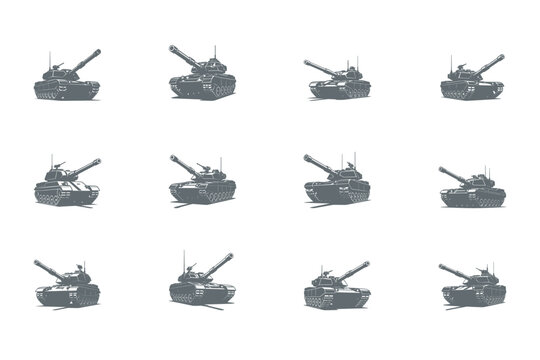 set of military tanks in various positions on white background