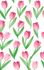 Obraz premium Pink tulips with green leaves scattered on a white background in a