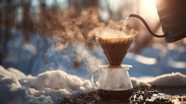 Pouring hot coffee in winter landscape.