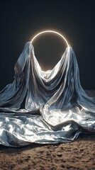 Naklejka premium Illuminated circular shape revealed beneath draped shimmering fabric in dark setting