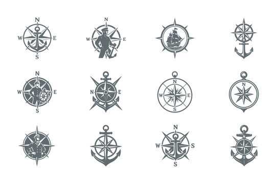 Collection of nautical compass and anchor icons