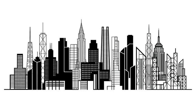 Dynamic City Skyline Silhouette with Towers on Isolated White Background
