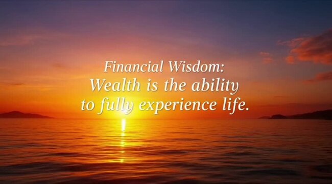 Inspirational Financial Wisdom Quote: 'Wealth is the ability to fully experience life' Against a Golden Sunset Ocean Landscape