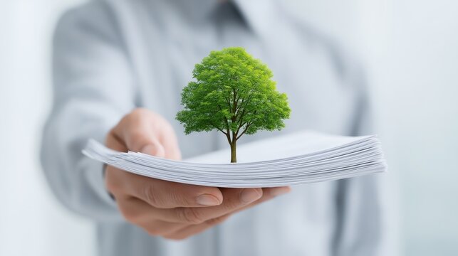 A person holds a stack of papers with a small green tree growing on top, symbolizing eco-friendly practices or sustainable business.