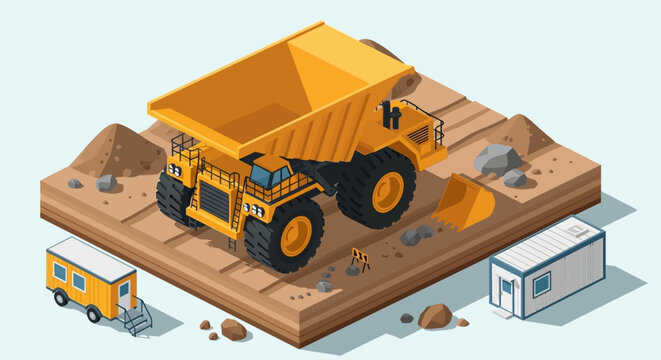 Vibrant isometric vector illustration showcasing a powerful yellow dump truck actively working on a dynamic construction or mining site, surrounded by soil mounds and portable units