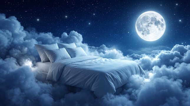 A serene bed floats among fluffy clouds under a bright moonlit night sky