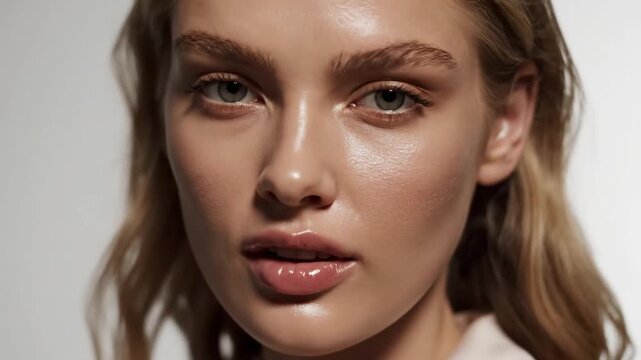 A close-up portrait showcases a young woman with radiant skin and expertly applied makeup, her gaze directed towards the viewer against a soft, neutral backdrop, highlighting beauty.