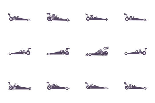 collection of dragster cars in motion on white background