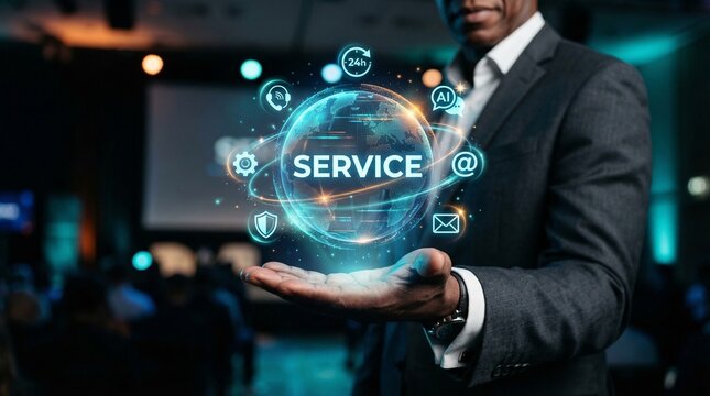 Business Service: An image of a man offering services, featuring a futuristic representation of global service and technology.