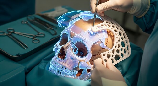 Surgeon meticulously plans a complex neurosurgical procedure using a detailed 3D printed model of a human skull, alongside sterile surgical instruments.
