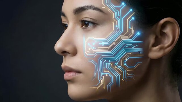 Female face with digital circuit pattern exhibition on skin  