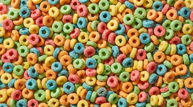 A detailed top-down view of a pile of multi-colored breakfast cereal rings. Vibrant red, orange, yellow, green, and blue loops creating a crunchy texture.