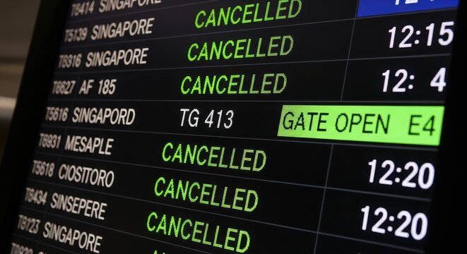 Airport departure board showing multiple cancelled flights to various
