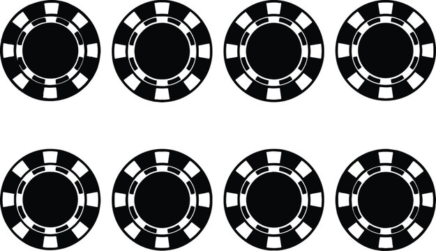 Eight black and white poker chips in a grid pattern, representing gambling, casino games, and a chance for winning or losing money.