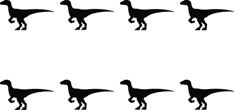 Eight black silhouette Velociraptor dinosaurs in a grid, representing prehistoric times, ancient predators, fossils, and the age of reptiles.