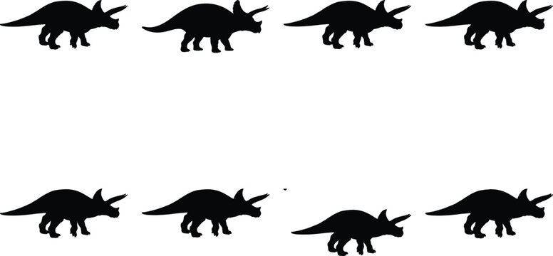 Eight black silhouette Triceratops dinosaurs in a grid, symbolizing prehistoric eras, ancient herbivores, fossils, and the age of reptiles.