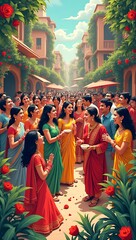 Fototapeta premium Illustration of chaotic but joyful Indian wedding scenes with multiple activities happening together, modern vibrant storytelling style