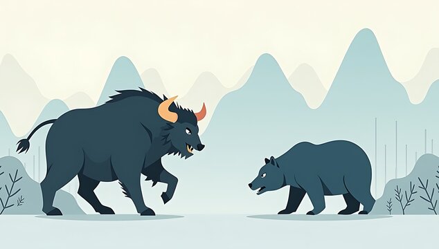 Illustration of a bull and bear facing each other with stock charts in the background, modern minimal finance concept, clean composition