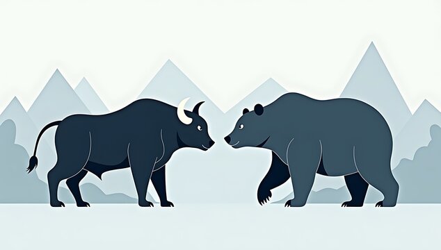 Illustration of a bull and bear facing each other with stock charts in the background, modern minimal finance concept, clean composition