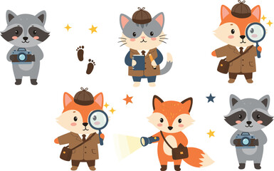 Obraz premium Cute Animal Detective Characters Set with Dog Cat Fox Owl Raccoon Cartoon Investigators Kids Mascot Vector Illustration Collection