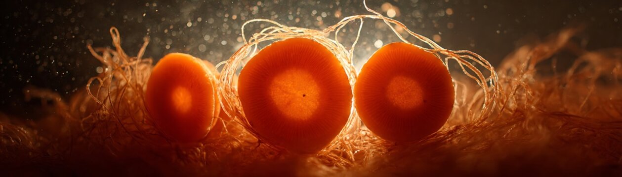 Three illuminated, orange, circular objects rest amidst fibrous, tangled material in a dark setting