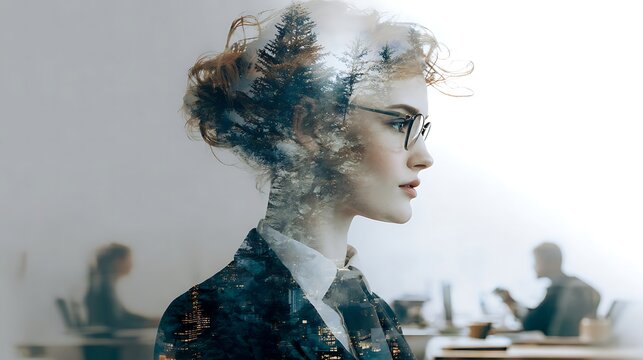 Thoughtful professional woman profile overlaid with natural and urban landscapes illustrates dual perception