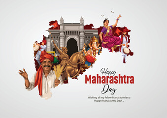 Fototapeta na wymiar happy Maharashtra Day with Maharashtra map vector and Shivaji Maharaj. abstract vector illustration day