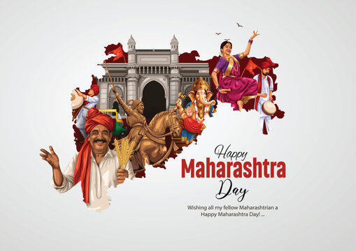 happy Maharashtra Day with Maharashtra map vector and Shivaji Maharaj. abstract vector illustration day